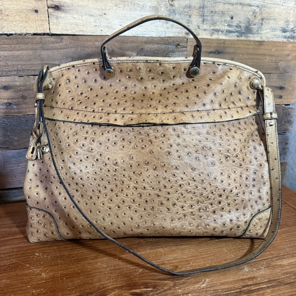 Furla Ostrich Embossed Leather Handle Bag‎ Tan